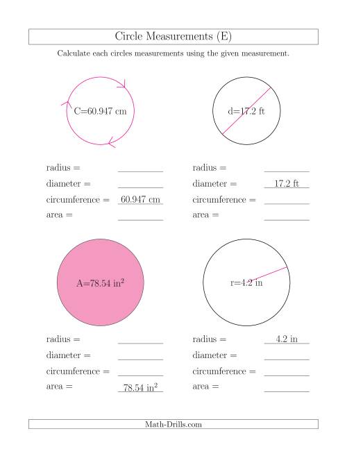 The Calculate All Circle Measurements (E) Math Worksheet