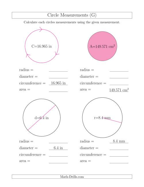 The Calculate All Circle Measurements (G) Math Worksheet