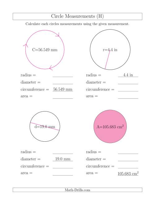 The Calculate All Circle Measurements (H) Math Worksheet
