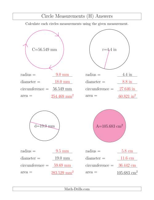 The Calculate All Circle Measurements (H) Math Worksheet Page 2