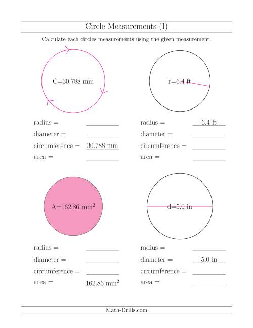 The Calculate All Circle Measurements (I) Math Worksheet
