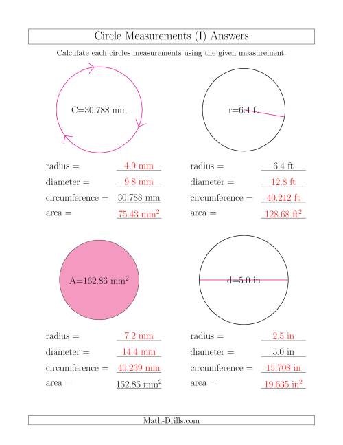 The Calculate All Circle Measurements (I) Math Worksheet Page 2