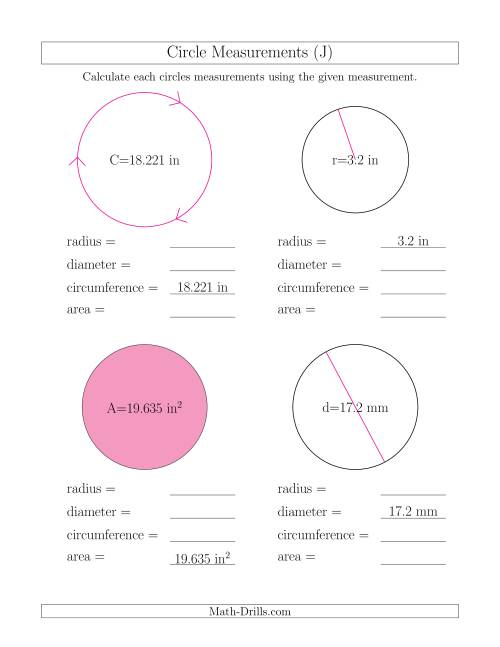The Calculate All Circle Measurements (J) Math Worksheet