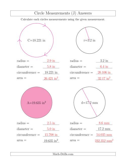 The Calculate All Circle Measurements (J) Math Worksheet Page 2