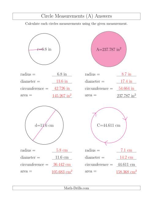 The Calculate All Circle Measurements (All) Math Worksheet Page 2