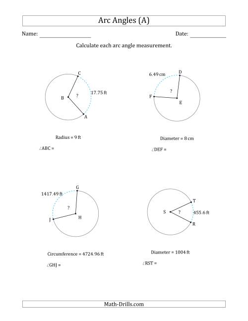 The Calculating Circle Arc Angle Measurements from Circumference, Radius or Diameter (A) Math Worksheet