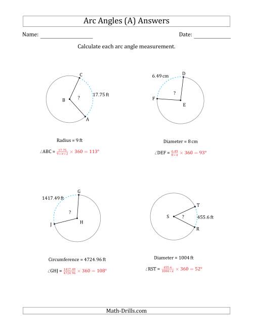 The Calculating Circle Arc Angle Measurements from Circumference, Radius or Diameter (A) Math Worksheet Page 2