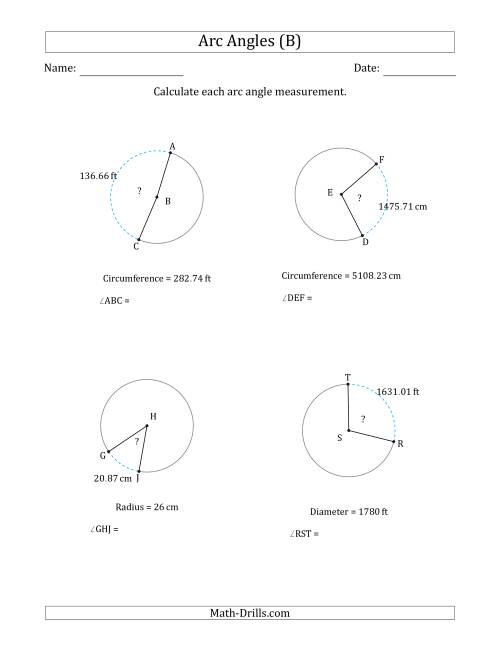 The Calculating Circle Arc Angle Measurements from Circumference, Radius or Diameter (B) Math Worksheet