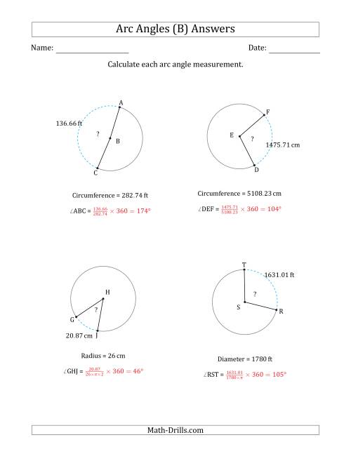 The Calculating Circle Arc Angle Measurements from Circumference, Radius or Diameter (B) Math Worksheet Page 2