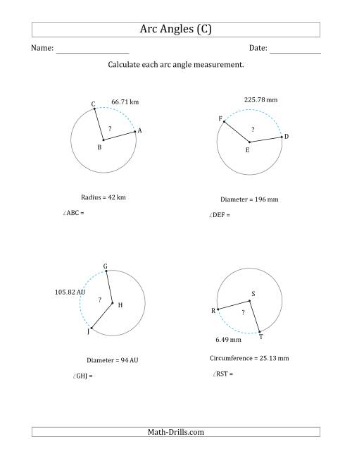 The Calculating Circle Arc Angle Measurements from Circumference, Radius or Diameter (C) Math Worksheet