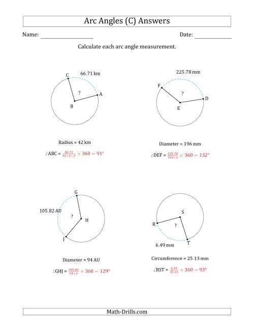 The Calculating Circle Arc Angle Measurements from Circumference, Radius or Diameter (C) Math Worksheet Page 2