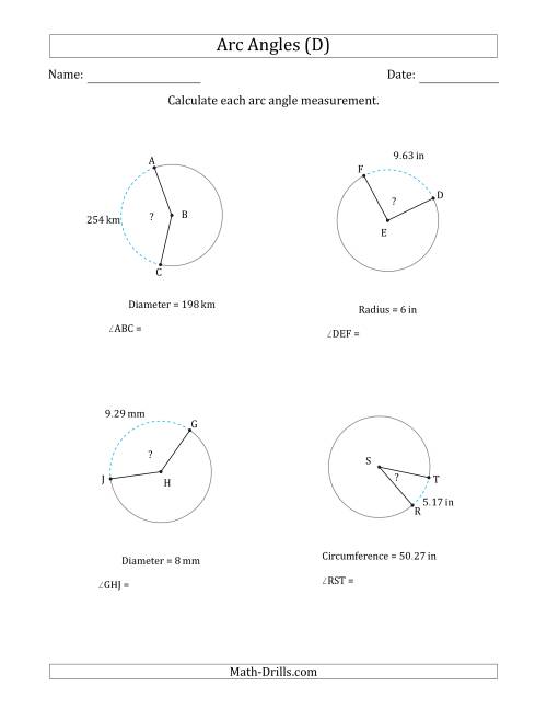 The Calculating Circle Arc Angle Measurements from Circumference, Radius or Diameter (D) Math Worksheet