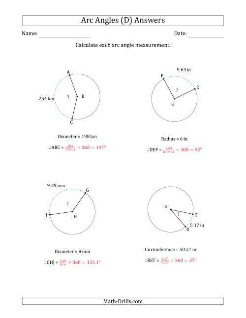 The Calculating Circle Arc Angle Measurements from Circumference, Radius or Diameter (D) Math Worksheet Page 2