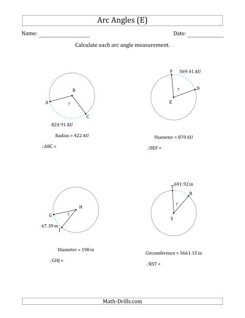 The Calculating Circle Arc Angle Measurements from Circumference, Radius or Diameter (E) Math Worksheet