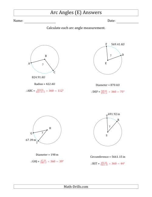 The Calculating Circle Arc Angle Measurements from Circumference, Radius or Diameter (E) Math Worksheet Page 2