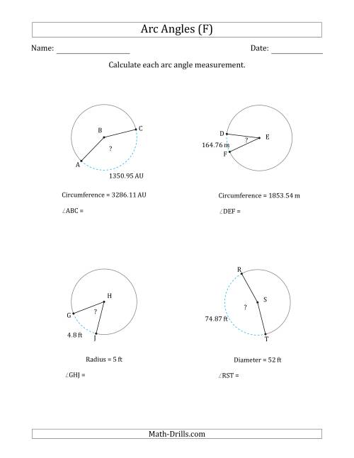 The Calculating Circle Arc Angle Measurements from Circumference, Radius or Diameter (F) Math Worksheet