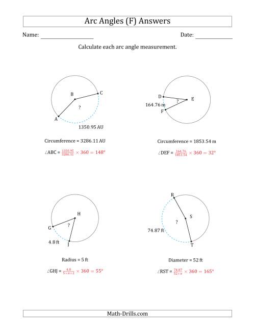 The Calculating Circle Arc Angle Measurements from Circumference, Radius or Diameter (F) Math Worksheet Page 2