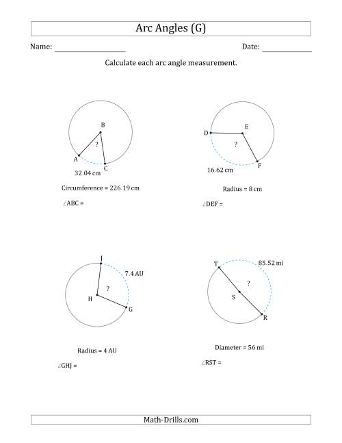 The Calculating Circle Arc Angle Measurements from Circumference, Radius or Diameter (G) Math Worksheet