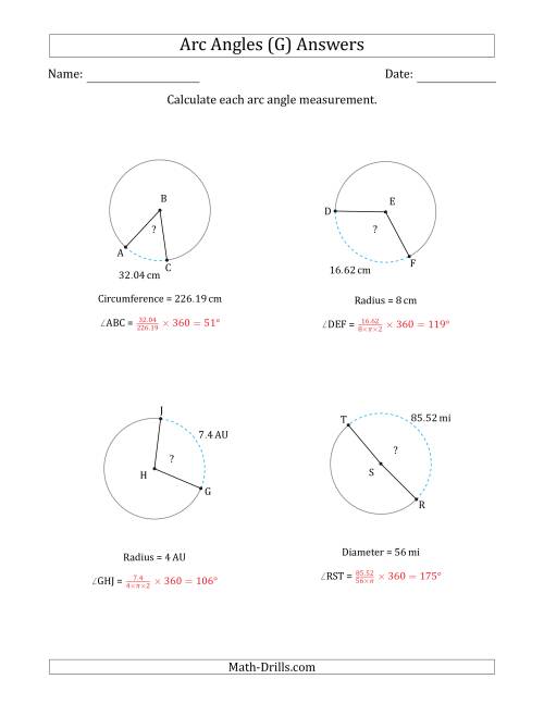The Calculating Circle Arc Angle Measurements from Circumference, Radius or Diameter (G) Math Worksheet Page 2