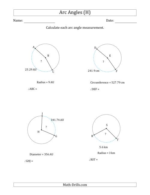 The Calculating Circle Arc Angle Measurements from Circumference, Radius or Diameter (H) Math Worksheet