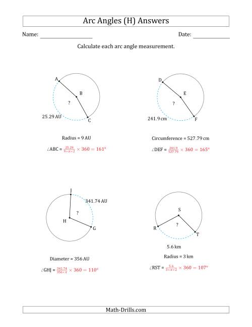 The Calculating Circle Arc Angle Measurements from Circumference, Radius or Diameter (H) Math Worksheet Page 2