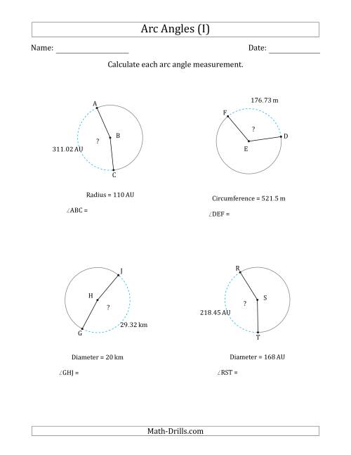 The Calculating Circle Arc Angle Measurements from Circumference, Radius or Diameter (I) Math Worksheet