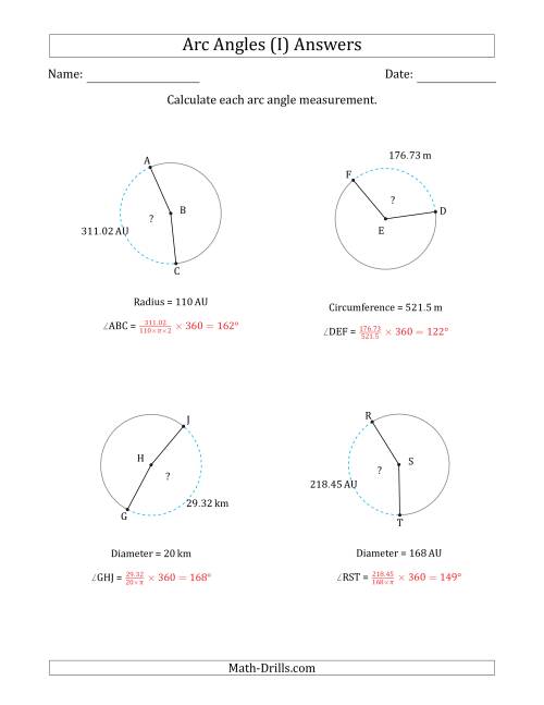 The Calculating Circle Arc Angle Measurements from Circumference, Radius or Diameter (I) Math Worksheet Page 2
