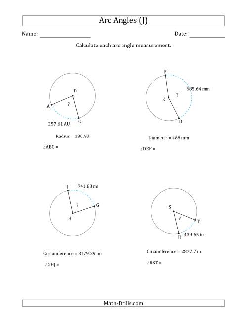 The Calculating Circle Arc Angle Measurements from Circumference, Radius or Diameter (J) Math Worksheet