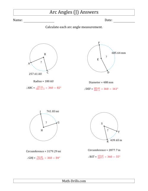 The Calculating Circle Arc Angle Measurements from Circumference, Radius or Diameter (J) Math Worksheet Page 2