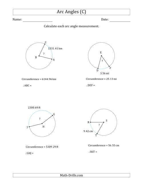 The Calculating Circle Arc Angle Measurements from Circumference (C) Math Worksheet