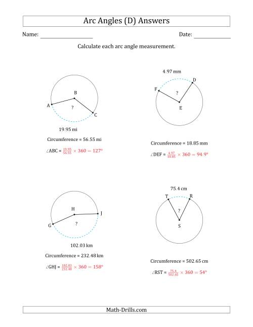 The Calculating Circle Arc Angle Measurements from Circumference (D) Math Worksheet Page 2