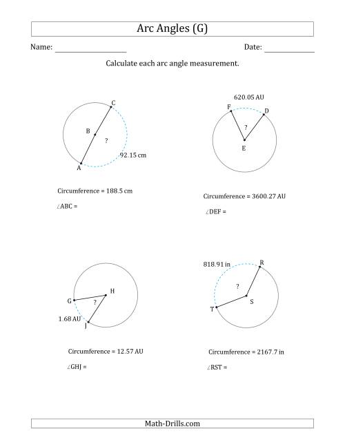 The Calculating Circle Arc Angle Measurements from Circumference (G) Math Worksheet