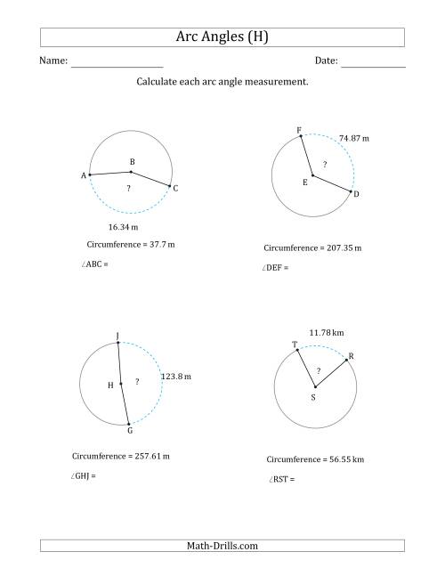 The Calculating Circle Arc Angle Measurements from Circumference (H) Math Worksheet