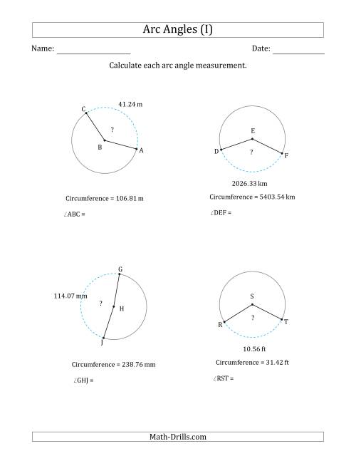 The Calculating Circle Arc Angle Measurements from Circumference (I) Math Worksheet
