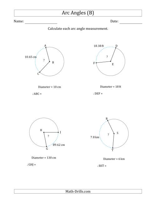 The Calculating Circle Arc Angle Measurements from Diameter (B) Math Worksheet