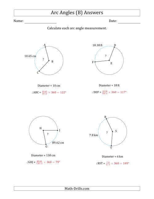The Calculating Circle Arc Angle Measurements from Diameter (B) Math Worksheet Page 2