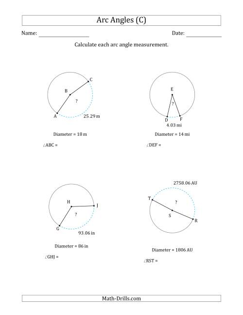 The Calculating Circle Arc Angle Measurements from Diameter (C) Math Worksheet
