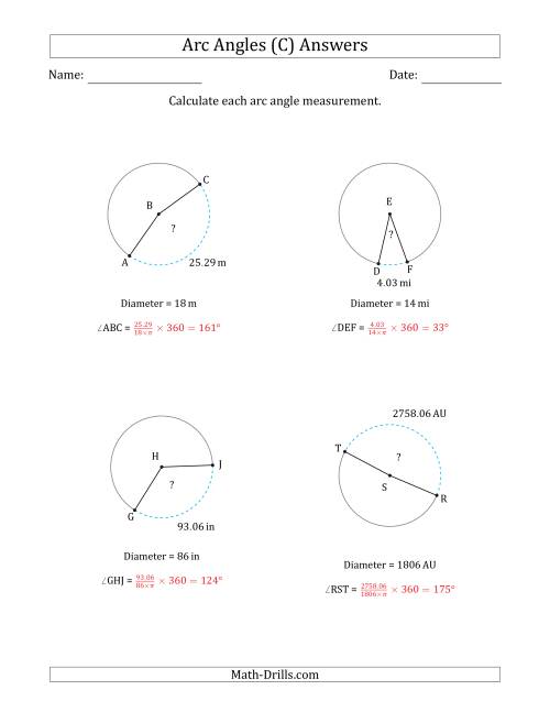 The Calculating Circle Arc Angle Measurements from Diameter (C) Math Worksheet Page 2