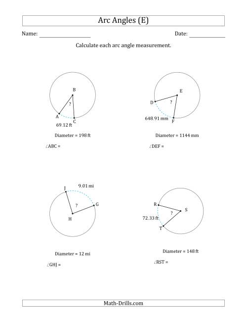 The Calculating Circle Arc Angle Measurements from Diameter (E) Math Worksheet