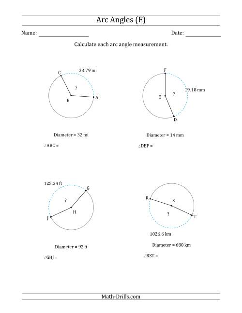 The Calculating Circle Arc Angle Measurements from Diameter (F) Math Worksheet
