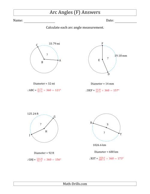 The Calculating Circle Arc Angle Measurements from Diameter (F) Math Worksheet Page 2