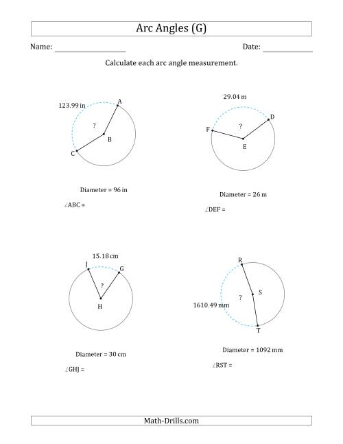 The Calculating Circle Arc Angle Measurements from Diameter (G) Math Worksheet