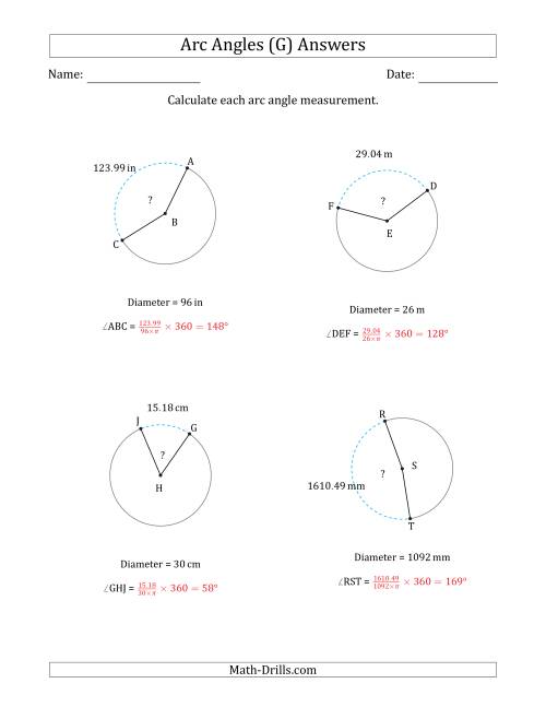 The Calculating Circle Arc Angle Measurements from Diameter (G) Math Worksheet Page 2
