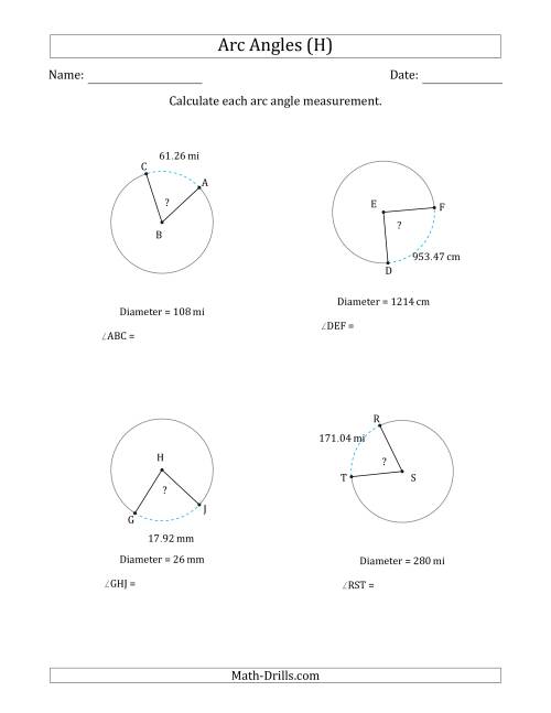 The Calculating Circle Arc Angle Measurements from Diameter (H) Math Worksheet