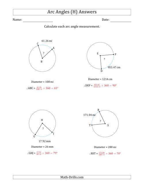 The Calculating Circle Arc Angle Measurements from Diameter (H) Math Worksheet Page 2