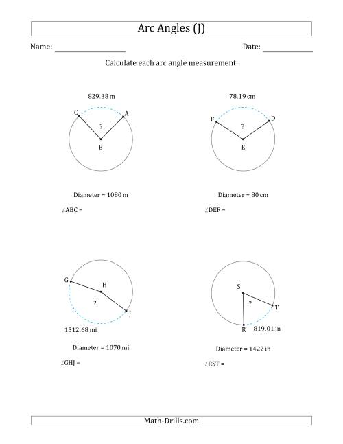 The Calculating Circle Arc Angle Measurements from Diameter (J) Math Worksheet