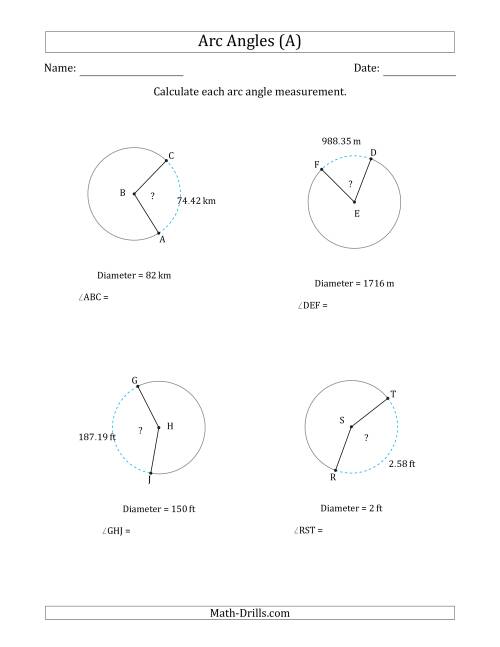 The Calculating Circle Arc Angle Measurements from Diameter (All) Math Worksheet