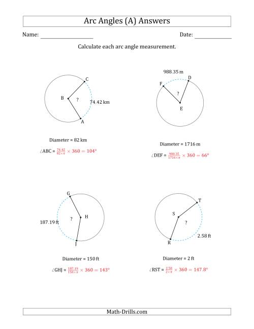 The Calculating Circle Arc Angle Measurements from Diameter (All) Math Worksheet Page 2