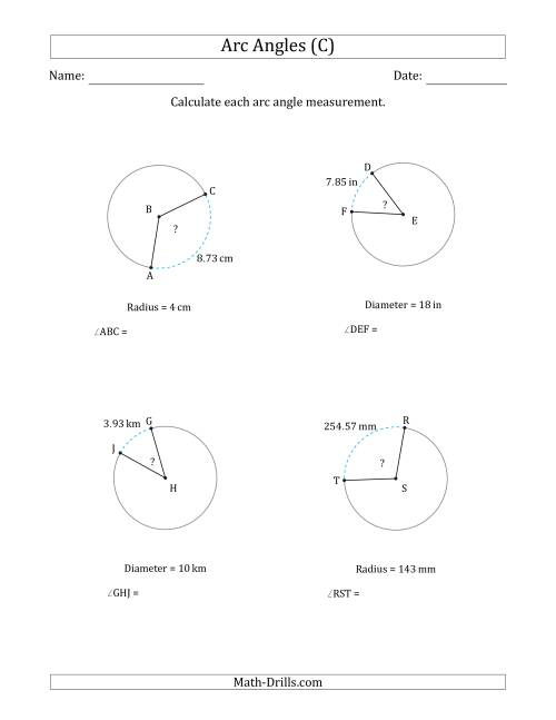 The Calculating Circle Arc Angle Measurements from Radius or Diameter (C) Math Worksheet