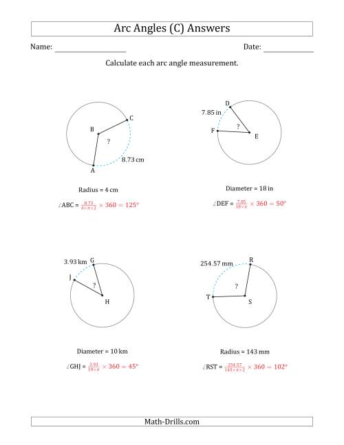 The Calculating Circle Arc Angle Measurements from Radius or Diameter (C) Math Worksheet Page 2